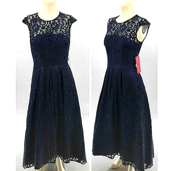 CARMEN MARC VALVO INFUSION Laced GOWNSz 2 Dark Navy Blue Regencycore $495 NWT